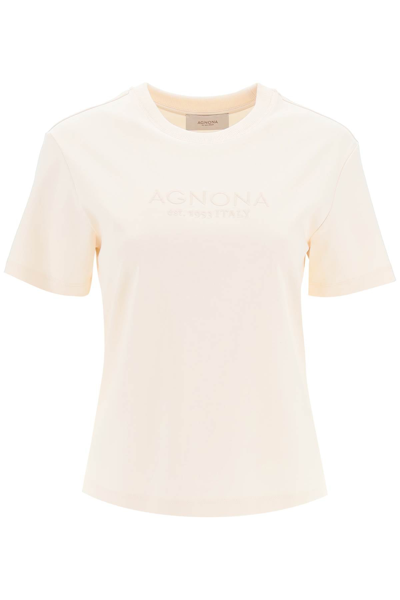 Shop Agnona T Shirt With Embroidered Logo In Beige