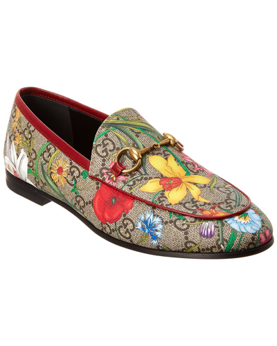 Shop Gucci Jordaan Gg Flora Canvas & Leather Loafer In Red