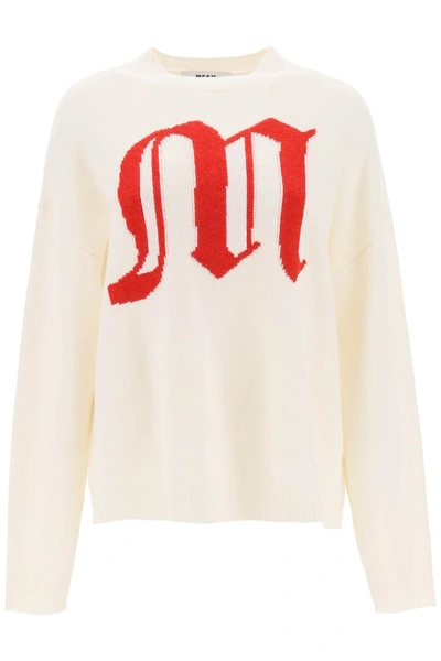 Shop Msgm Crew Neck Sweater With Gothic Logo In White