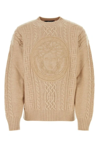 Shop Versace Man Beige Wool Sweater In Brown