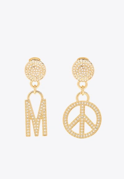 Shop Moschino Crystal-embellished Mismatched Earrings In Gold