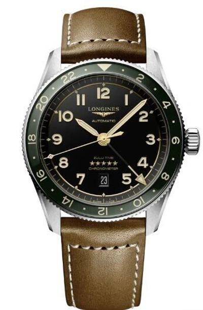 Pre-owned Longines Spirit Zulu Time Auto Brown Leather Green Gmt Men's Watch L3.812.4.63.2