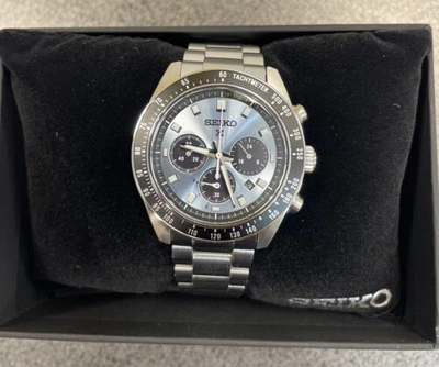 Pre-owned Seiko Prospex Speedtimer Solar Steel Bracelet Light Blue Dial Watch - Ssc935