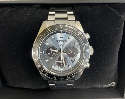 Pre-owned Seiko Prospex Speedtimer Solar Steel Bracelet Light Blue Dial Watch - Ssc935