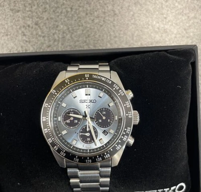 Pre-owned Seiko Prospex Speedtimer Solar Steel Bracelet Light Blue Dial Watch - Ssc935