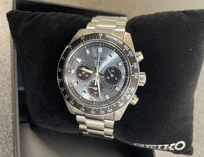 Pre-owned Seiko Prospex Speedtimer Solar Steel Bracelet Light Blue Dial Watch - Ssc935