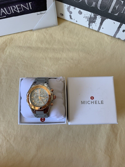 Pre-owned Michele 18k Rose Gold Jelly Bean Grey Band Watch Mww12f000098 Retail $450