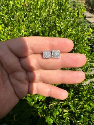 Pre-owned Silver 1.32ct Vvs Real Diamond Men's Solid 14k White Gold Iced Hip Hop Square Earrings