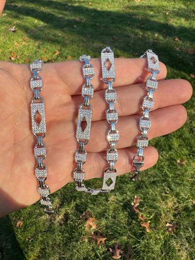 Pre-owned Harlembling Moissanite Iced Valentino Mariner Chain Real 925 Silver Necklace Bracelet 10mm In White