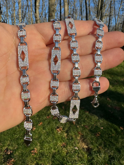 Pre-owned Harlembling Moissanite Iced Valentino Mariner Chain Real 925 Silver Necklace Bracelet 10mm In White