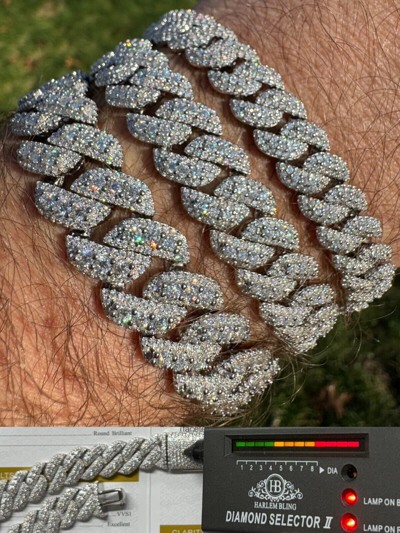 Pre-owned Harlembling Moissanite Real Miami Cuban Prong Link Iced Hip Hop 925 Silver Bracelet 7-9" In White