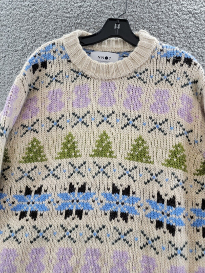 Pre-owned Nn07 Stein Holiday Wool Blend Sweater Men's M Ecru Multi Crewneck Pullover L/s In White