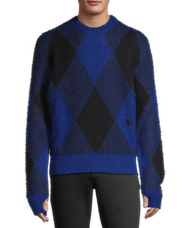 Pre-owned Burberry Men Sweater Long Sleeves Blue Argyle Check Ekd Wool Knit Pullover
