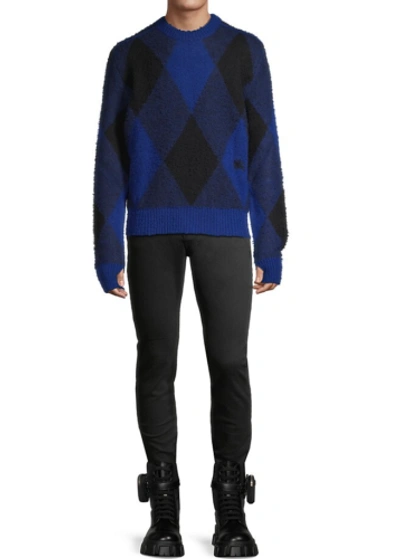 Pre-owned Burberry Men Sweater Long Sleeves Blue Argyle Check Ekd Wool Knit Pullover