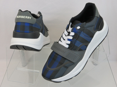 Pre-owned Burberry Ramsey Blue Check Canvas Leather Logo Strap Low Top Sneakers 45 Us 12