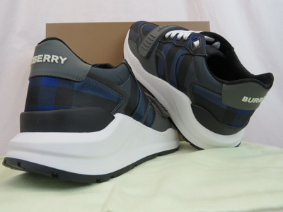 Pre-owned Burberry Ramsey Blue Check Canvas Leather Logo Strap Low Top Sneakers 45 Us 12