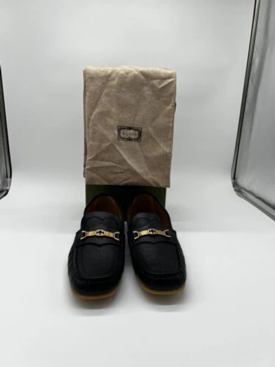 Pre-owned Gucci Mens Loafer Interlocking Horsebit Moccasin Tayma Goat Black G13 Us14