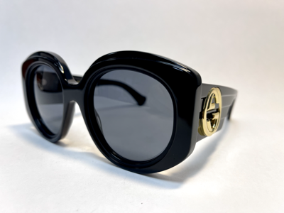 Pre-owned Gucci Couture 1308 Black Gg Logo Stripe 001 Oversized Round Sunglasses Gg1308s In Gray