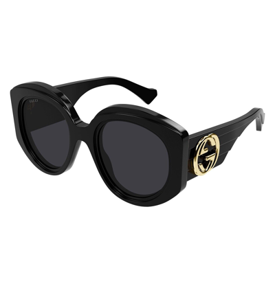Pre-owned Gucci Couture 1308 Black Gg Logo Stripe 001 Oversized Round Sunglasses Gg1308s In Gray