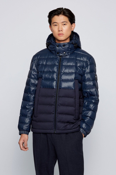 Pre-owned Hugo Boss Regular-fit Jacket With Italian-wool Panel And Detachable Hood In Blue