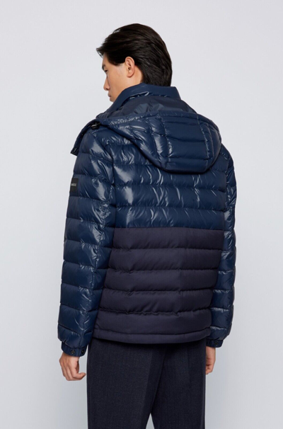 Pre-owned Hugo Boss Regular-fit Jacket With Italian-wool Panel And Detachable Hood In Blue