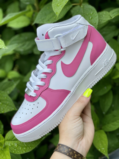 Pre-owned Nike Air Force 1 Custom Sneakers Mid Two Tone Hot Pink White Casual Shoes Women