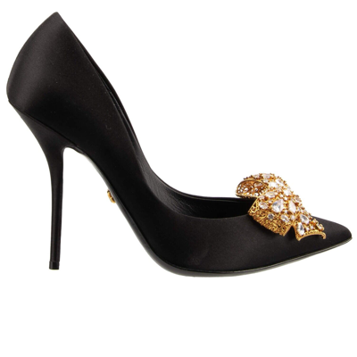 Pre-owned Dolce & Gabbana Crystal Filigree Ribbon Brooch Pumps Heels Cardinale 13378 In Black