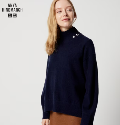 Pre-owned Uniqlo X Anya Hindmarch Cashmere High Neck Long-sleeve Sweater Size S Navy In Blue