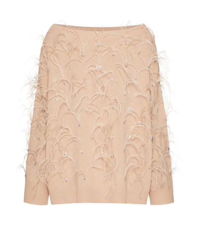 Shop Valentino Wool Feather-trimmed Sweater In Nude