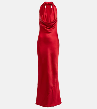 Shop Norma Kamali Halterneck Satin Gown In Red