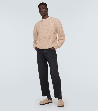 Versace Medusa Suede Clogs In Beige