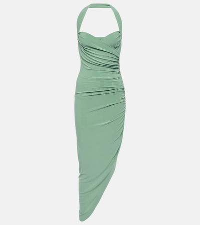 Shop Norma Kamali Cayla Halterneck Asymmetric Midi Dress In Green