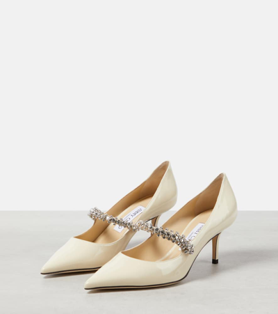 Jimmy Choo Bing White Pumps With Crystal Embellishments And High Cone Heel In Patent Leather Blend Woman In White