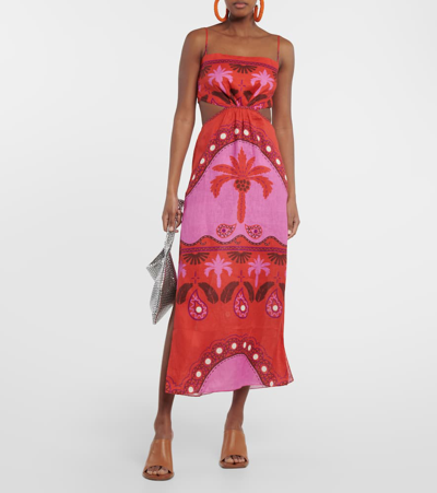Shop Johanna Ortiz Printed Cutout Linen Midi Dress In Multicoloured
