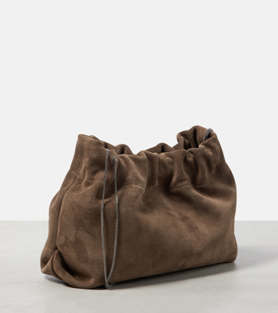 Shop Brunello Cucinelli Suede Shoulder Bag In Beige