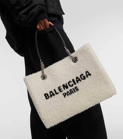 Shop Balenciaga Leather-trimmed Shearling Tote Bag In White