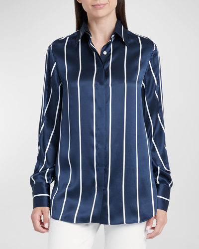 Shop Kiton Striped Silk Oversized Collared Shirt In Blu