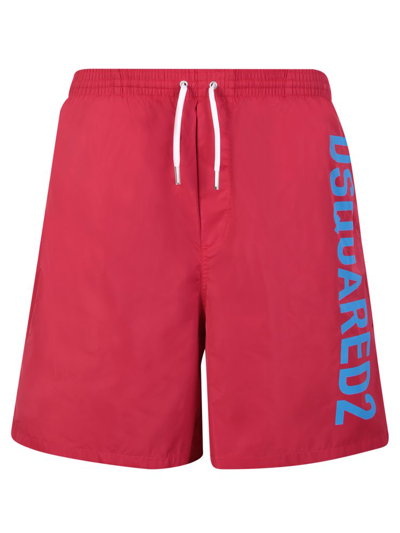 Shop Dsquared2 Logo Printed Drawstring Swim Shorts In Red