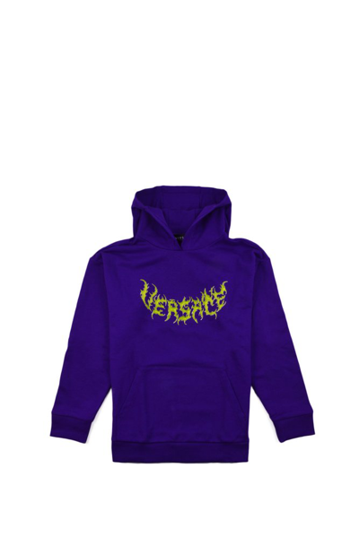 Shop Versace Kids Long Sleeved Logo Printed Hoodie In Purple