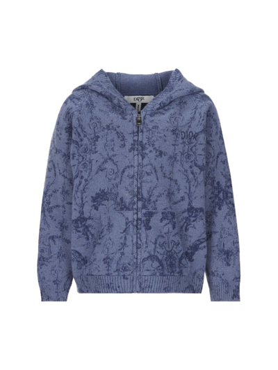 Shop Baby Dior Logo Embroidered Zipped Knit Hoodie In Blue