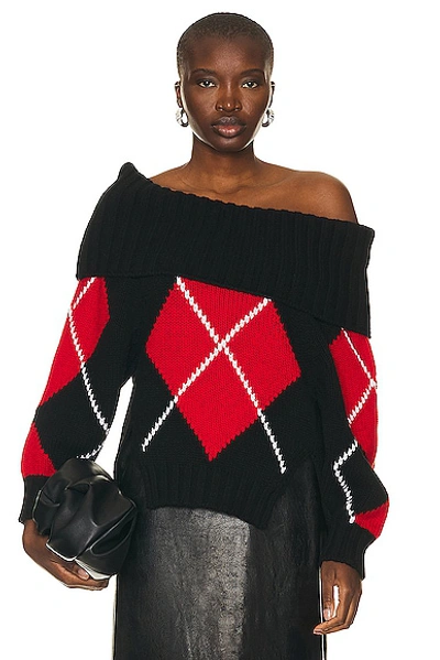 Shop Alexander Mcqueen Argyle Drop Shoulder Sweater In Black  Red  & White