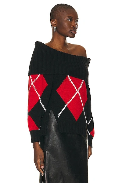 Shop Alexander Mcqueen Argyle Drop Shoulder Sweater In Black  Red  & White