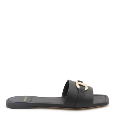 Ferragamo Leather Slides With Flat Sole And Gold-tone Hardware In Black