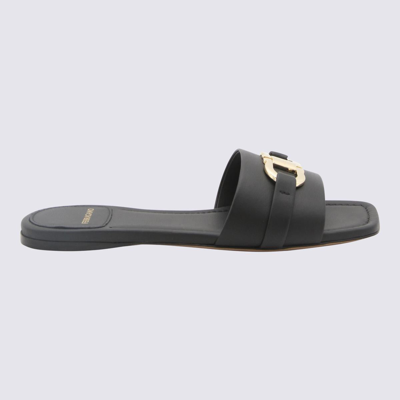 Ferragamo Leather Slides With Flat Sole And Gold-tone Hardware In Black