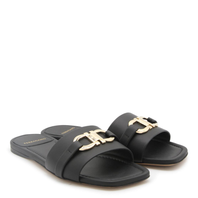 Ferragamo Leather Slides With Flat Sole And Gold-tone Hardware In Black