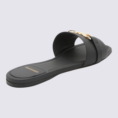 Ferragamo Leather Slides With Flat Sole And Gold-tone Hardware In Black