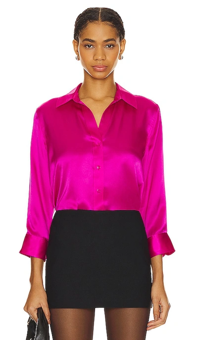 L'agence Dani Silk Satin 3/4-sleeve Button-down Blouse In Fuchsia