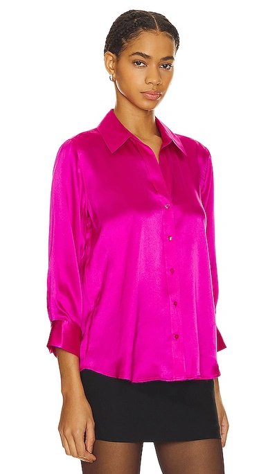 L'agence Dani Silk Satin 3/4-sleeve Button-down Blouse In Fuchsia