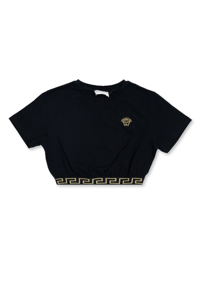 Shop Versace Kids Medusa Embroidered Cropped T In Black