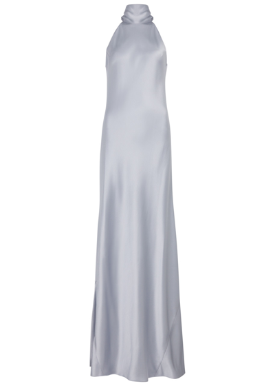 Shop Galvan Sienna Halterneck Satin Maxi Dress In Metallic Silver
